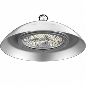 Close-up view of a 100W LED high bay light with a reflective silver finish and multiple LED bulbs.