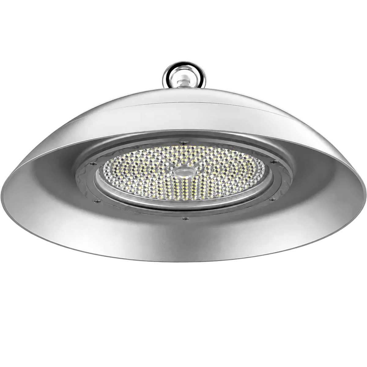 LED High Bay light with a sleek silver design, featuring a circular array of LEDs for bright illumination.