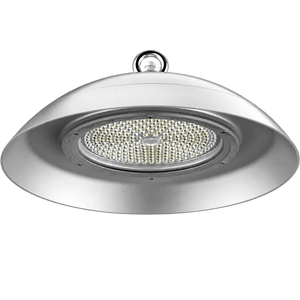 LED High Bay light with a sleek silver design, featuring a circular array of LEDs for bright illumination.