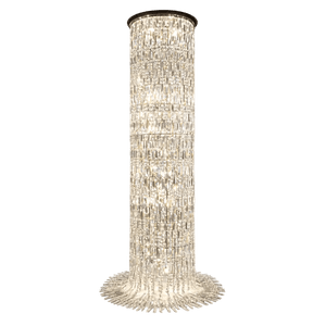 Tall cylindrical crystal pendant light with a dark top and cascading crystal strands