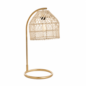 Coghlan Rattan Table Lamp featuring a woven rattan shade and satin gold metal base.
