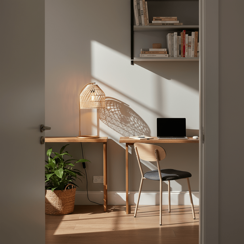 Coghlan Rattan Table Lamp casting a warm glow on a wooden desk with a laptop and plant.