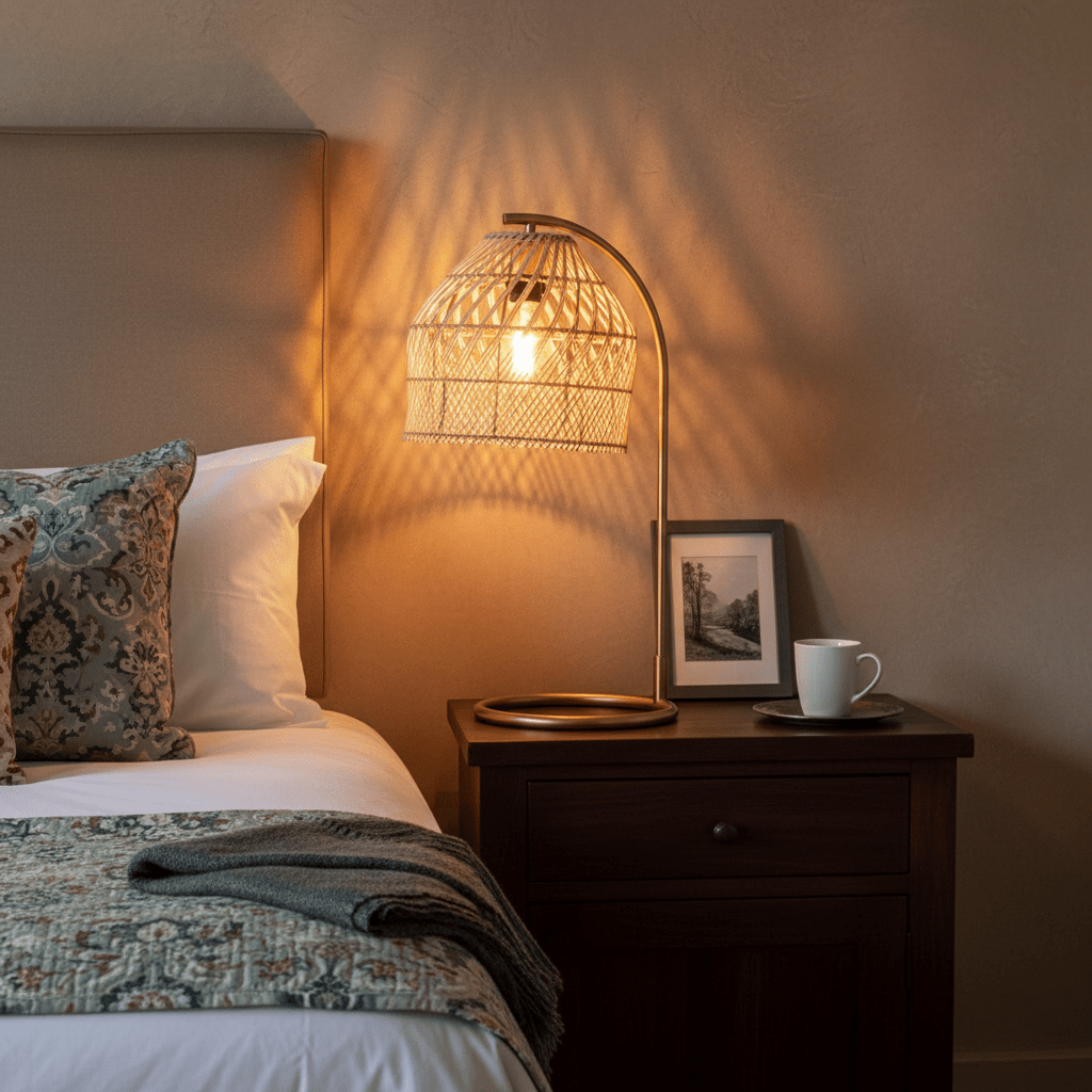 Coghlan Rattan Table Lamp illuminating a bedside table with a cozy setup, featuring a woven shade and warm light.