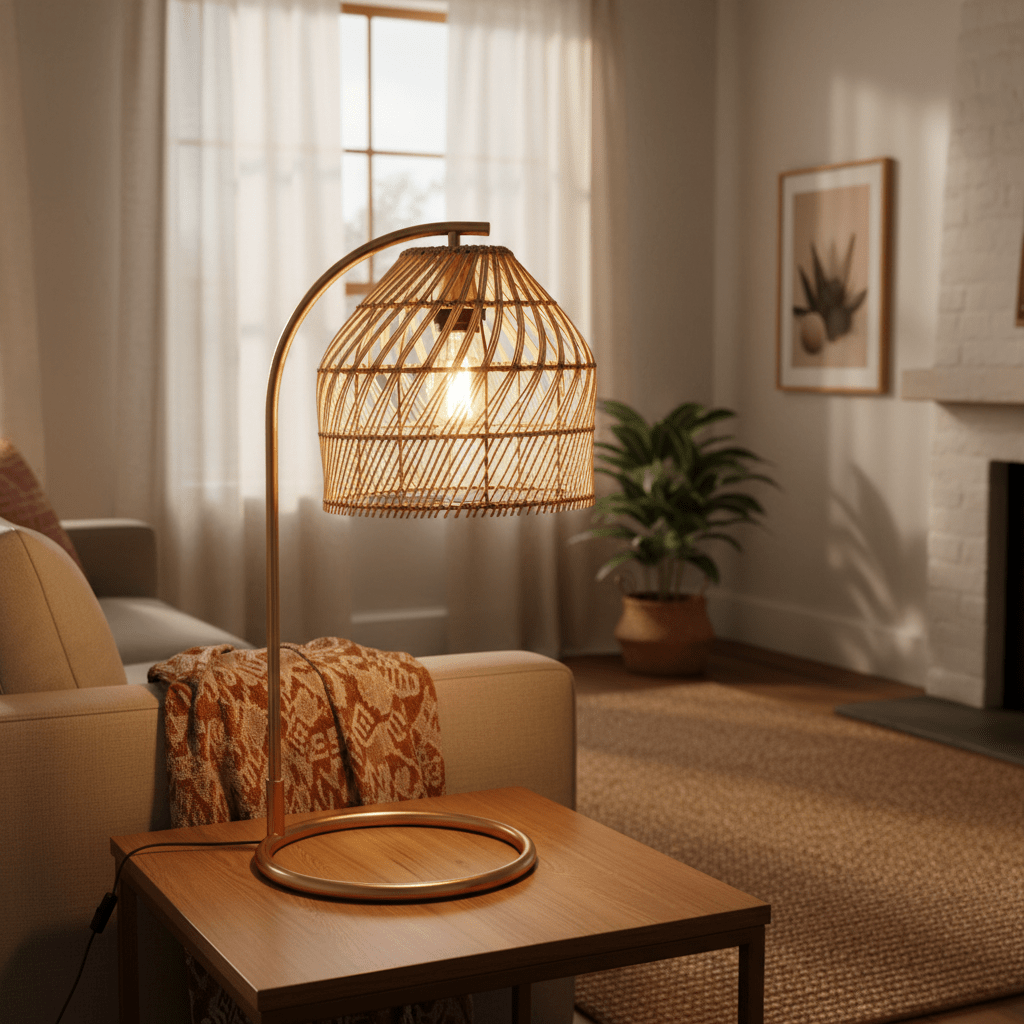 Coghlan Rattan Table Lamp on a wooden side table, casting warm light in a cozy living room setting.