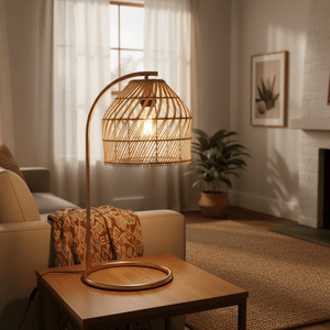 Coghlan Rattan Table Lamp on a wooden side table, casting warm light in a cozy living room setting.