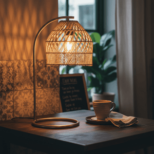 Coghlan Rattan Table Lamp casting warm light on a wooden table with a cup and napkin.