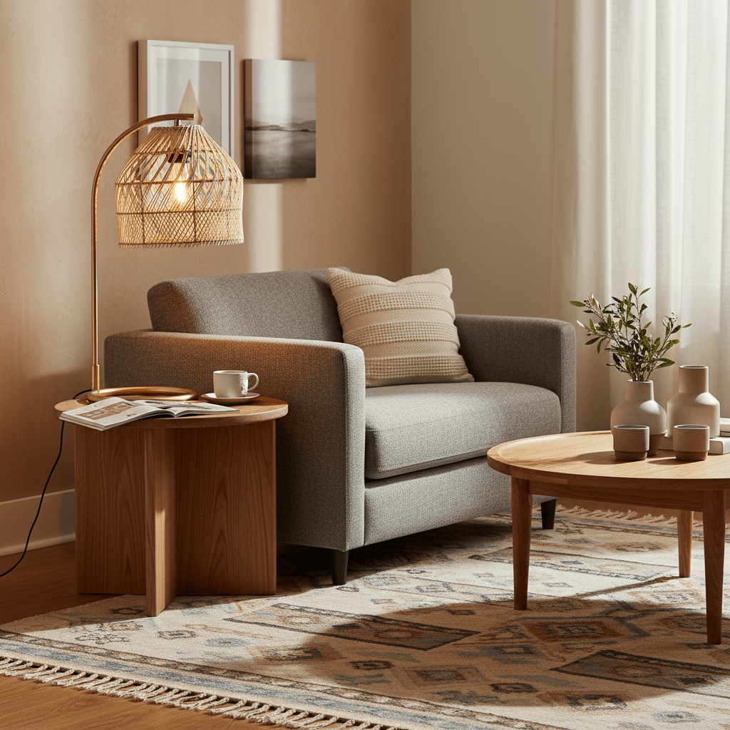 Coghlan Rattan Table Lamp illuminating a cozy living space with a gray sofa and wooden side tables.