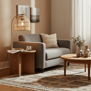 Coghlan Rattan Table Lamp illuminating a cozy living space with a gray sofa and wooden side tables.