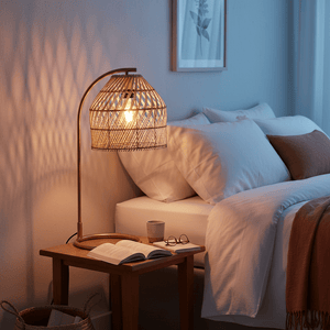 Coghlan Rattan Table Lamp on a bedside table, casting a warm glow beside a cozy bed with pillows and a book.