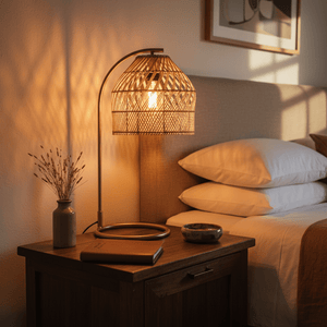 Coghlan Rattan Table Lamp on a bedside table, casting warm light with a woven shade, beside a cozy bed.