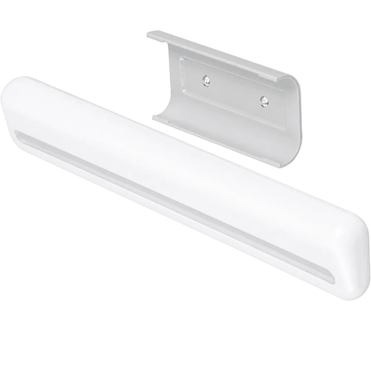 A small, white battery cabinet light with a smooth finish and a magnetic sensor, accompanied by a silver mounting bracket.