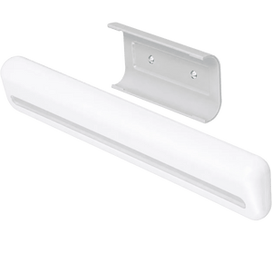 A small, white battery cabinet light with a smooth finish and a magnetic sensor, accompanied by a silver mounting bracket.