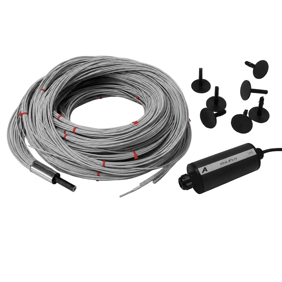 A bundle of grey fibre optic cables with red markers, a black light source, and several black mounting clips.