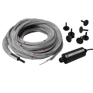 A bundle of grey fibre optic cables with red markers, a black light source, and several black mounting clips.