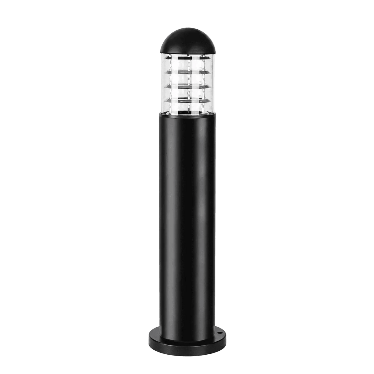 Black bollard light with a cylindrical body and a clear, ribbed top, featuring a rounded dome.