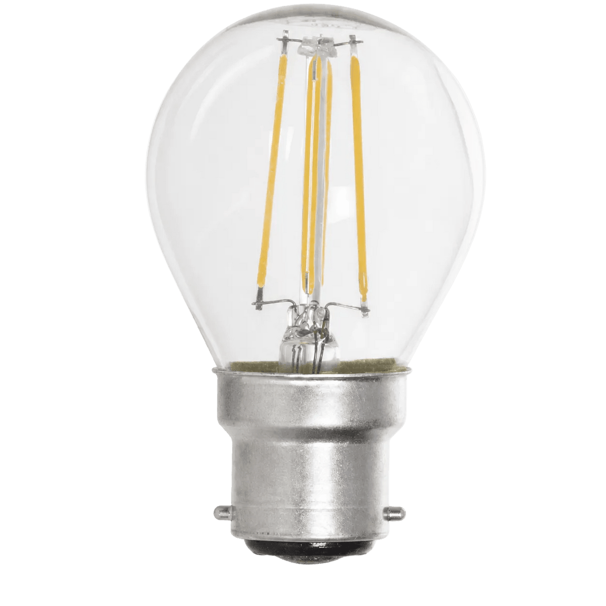 Clear glass bulb with a silver B22 base, featuring yellow filament inside.