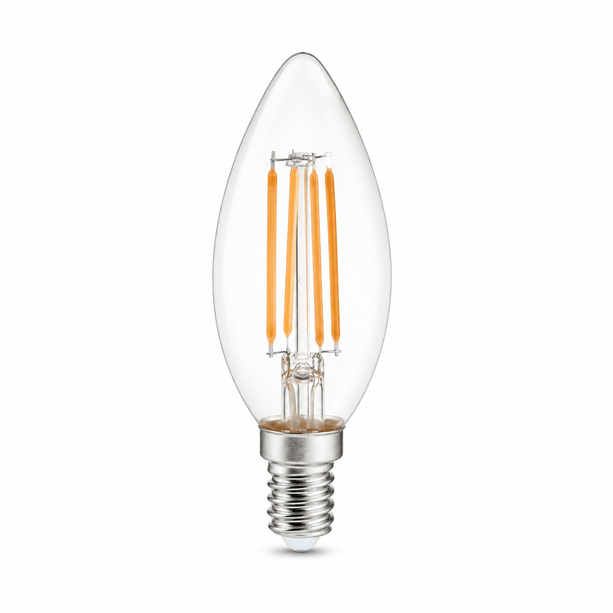 4W E14 LED Filament Candle Bulb with clear glass and visible LED filaments, emitting warm white light.