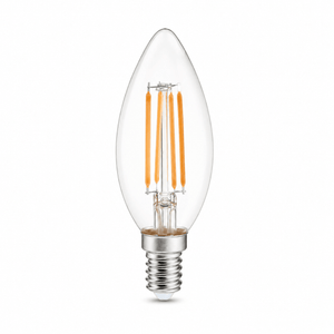 4W E14 LED Filament Candle Bulb with clear glass and visible LED filaments, emitting warm white light.