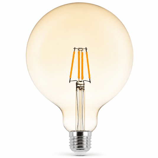 6W G125 LED filament bulb with amber glass globe and visible filament, E27 base.