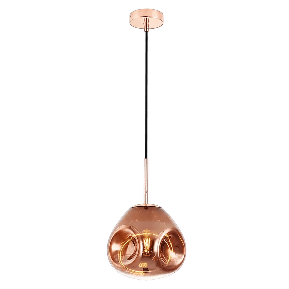Copper round glass pendant light with a smooth, rounded shape, suspended from a black cord and a copper ceiling mount.