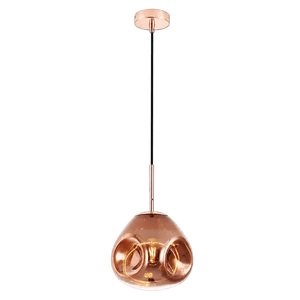 Copper round glass pendant light with a smooth, rounded shape, suspended from a black cord and a copper ceiling mount.