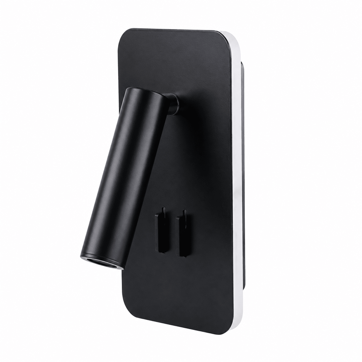 Black wall-mounted bedside reading light with adjustable arm and sleek design.