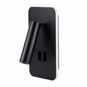 Black wall-mounted bedside reading light with adjustable arm and sleek design.