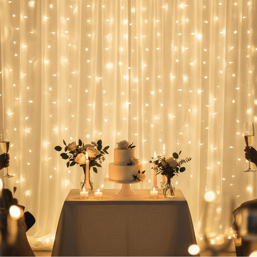 Decorative curtain fairy lights illuminating a wedding cake and floral arrangements at an event.