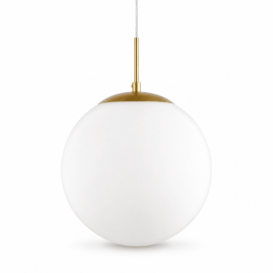 Sand gold pendant light with a round opal glass shade, suspended by a sleek cord.