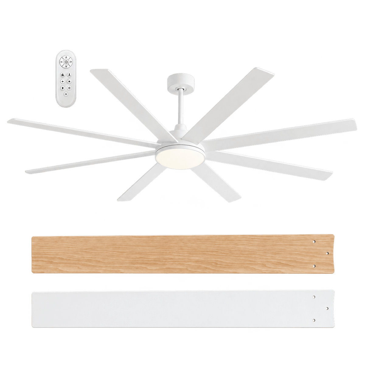Large 8 Blade White / Light Wood LED Ceiling Fan - Reversible Blades