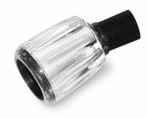 Close-up of a water-saving showerhead with a chrome and black finish, showcasing its sleek design.