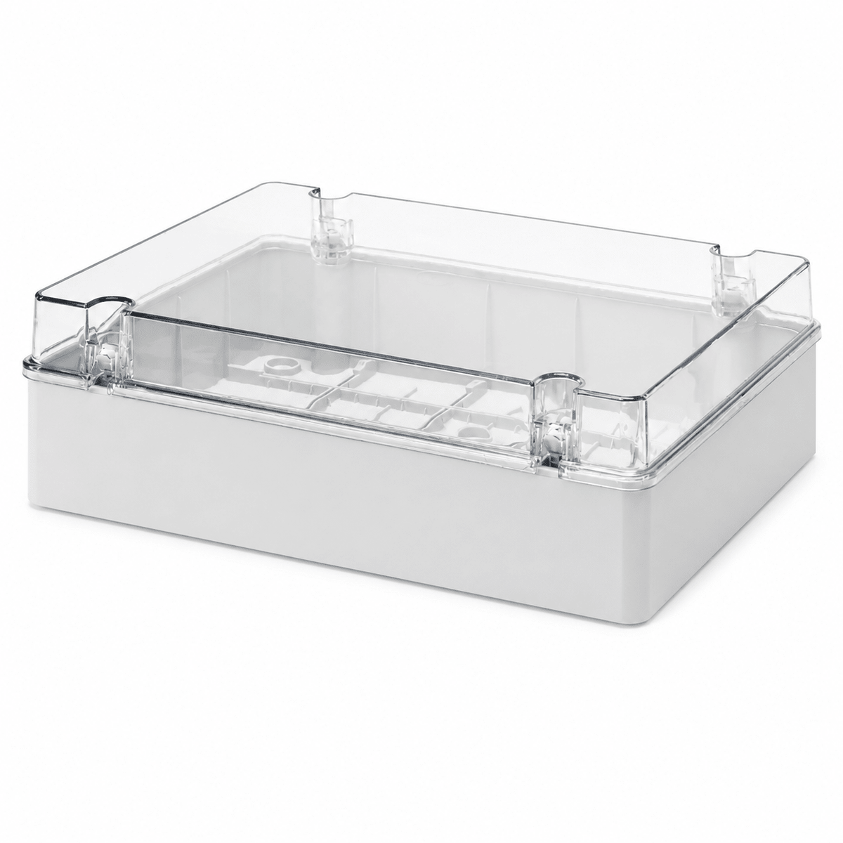 Hingled lid electrical enclosure with transparent cover, designed for dust and water protection.