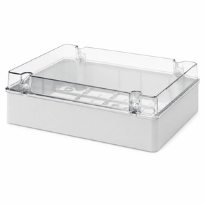 Hingled lid electrical enclosure with transparent cover, designed for dust and water protection.