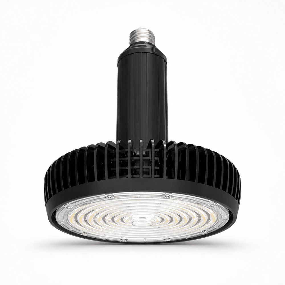 LED High Bay Lamp with E40 base, featuring a black aluminum body and circular light array.