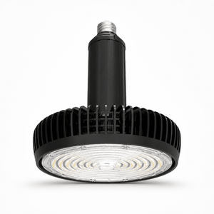 LED High Bay Lamp with E40 base, featuring a black aluminum body and circular light array.