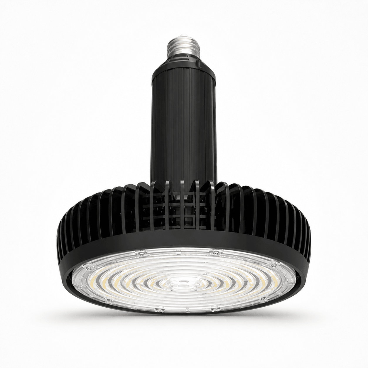 LED High Bay Lamp with E40 base, featuring a black aluminum body and circular light array.