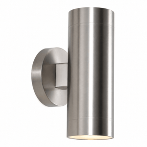Modern up/down outdoor wall light with a sleek cylindrical design and brushed aluminum finish.