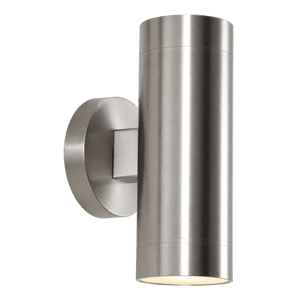 A cylindrical stainless steel outdoor wall light mounted on a round base, featuring a smooth, brushed finish.