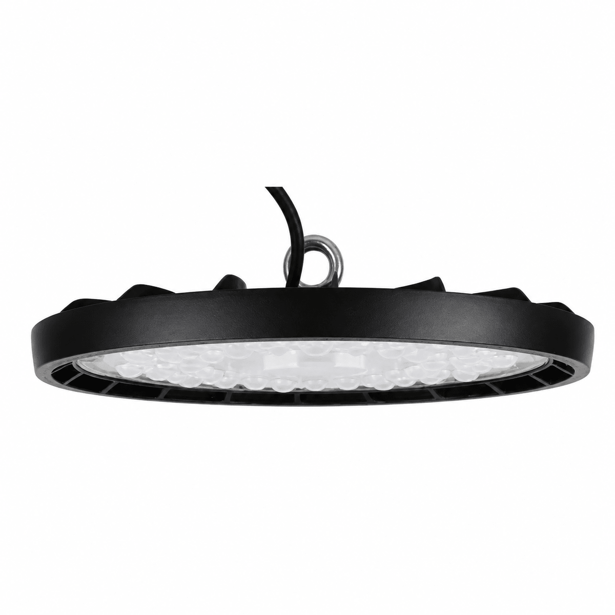 150W UFO LED High-Bay light with a black aluminum frame and polycarbonate lens, designed for commercial use.