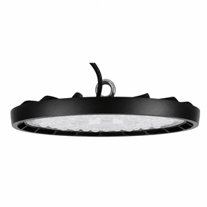 150W UFO LED High-Bay light with a black aluminum frame and polycarbonate lens, designed for commercial use.