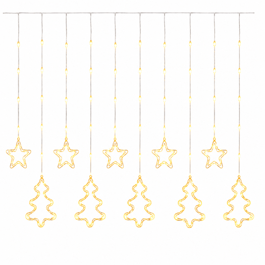 White LED fairy curtain light featuring star and Christmas tree shapes, hanging in a decorative arrangement.