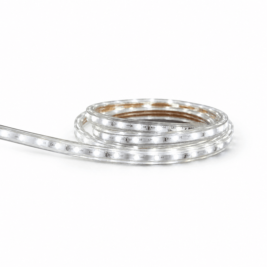 230V SMD LED strip light in a coiled arrangement, showcasing cool white LEDs and flexible design.