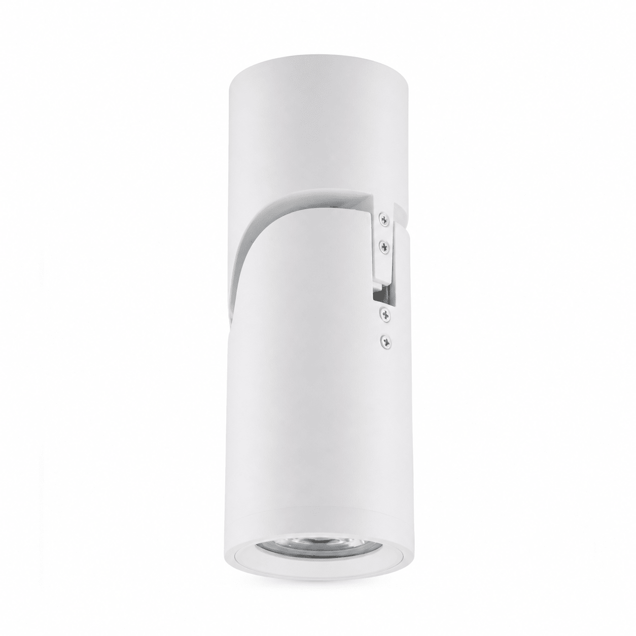 Close-up of a white adjustable surface mount downlight holder with a sleek design.