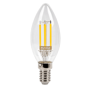 Clear candle filament LED bulb, E14 base, visible yellow filaments, warm white 3000K light