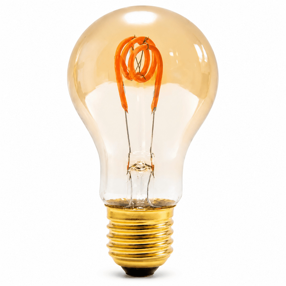 2W dimmable amber A60 filament LED bulb with E27 cap, showcasing quadloop filament design.