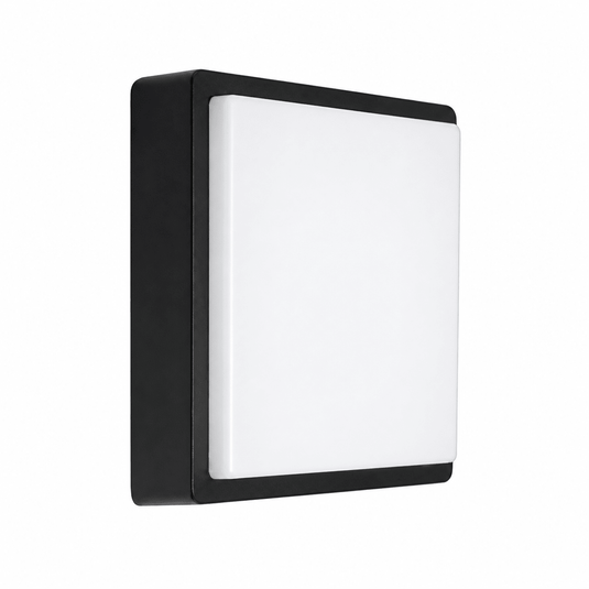 Kwele Outdoor LED Wall Light in black with a square design and white diffuser, ideal for outdoor illumination.
