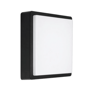 Black outdoor LED wall light with a square white diffuser, mounted at an angle against a plain background.
