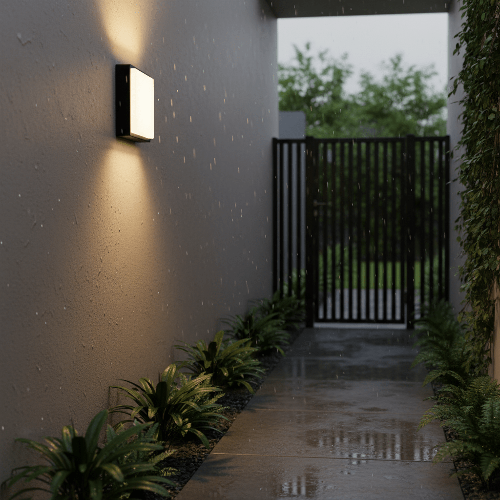 Kwele Outdoor LED Wall Light illuminating a wet pathway with plants alongside a modern entrance.