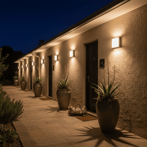 Outdoor scene featuring multiple Kwele LED wall lights illuminating a pathway with potted plants at night.