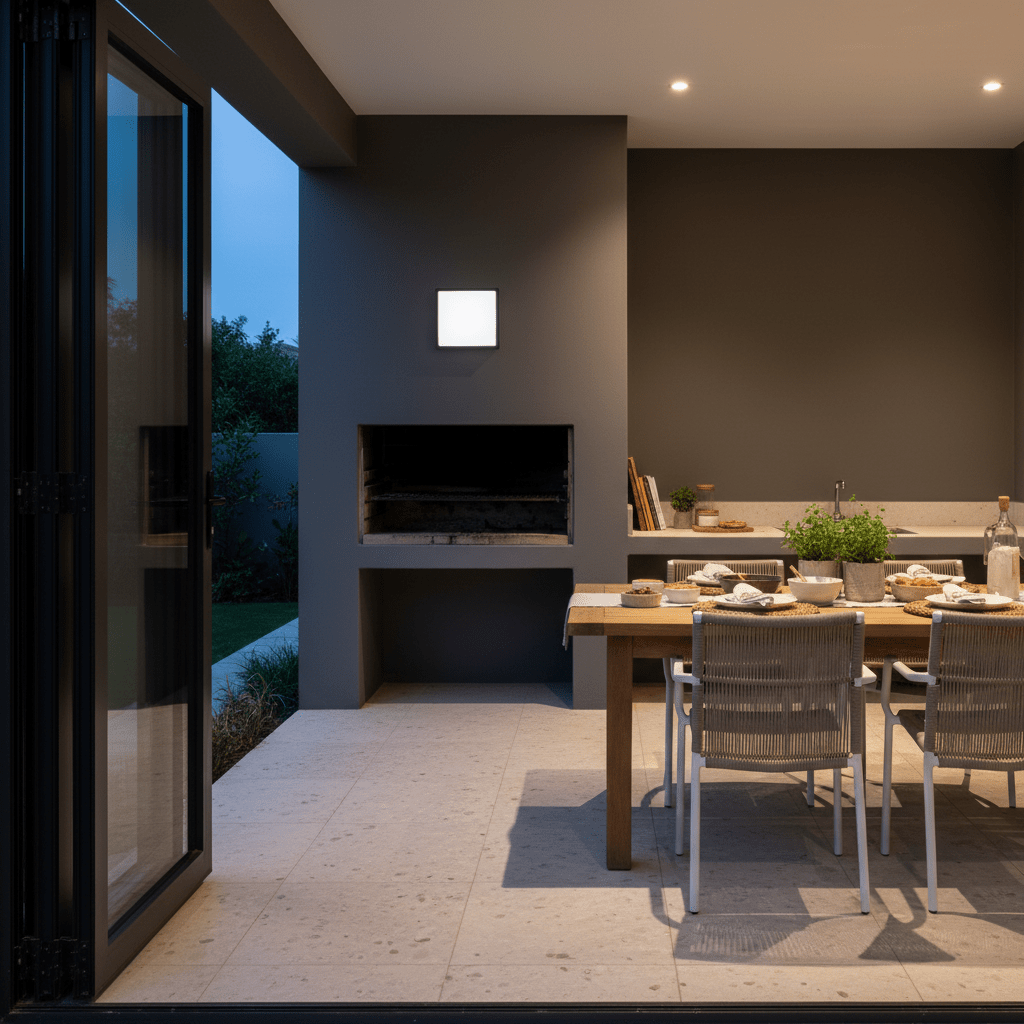 Modern outdoor wall light illuminating a dining area with a table and chairs, set against a dark wall.